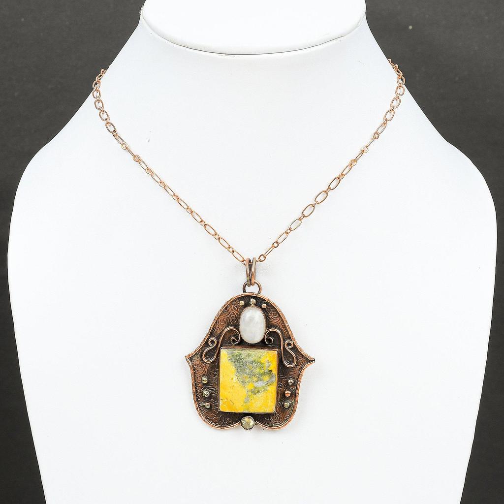 Bumble Bee Jasper Pendant Rainbow Moonstone Pendant Lemon Quartz Pendant Copper Pendant Handmade Boho Style Jewelry Gemstone Copper Jewelry