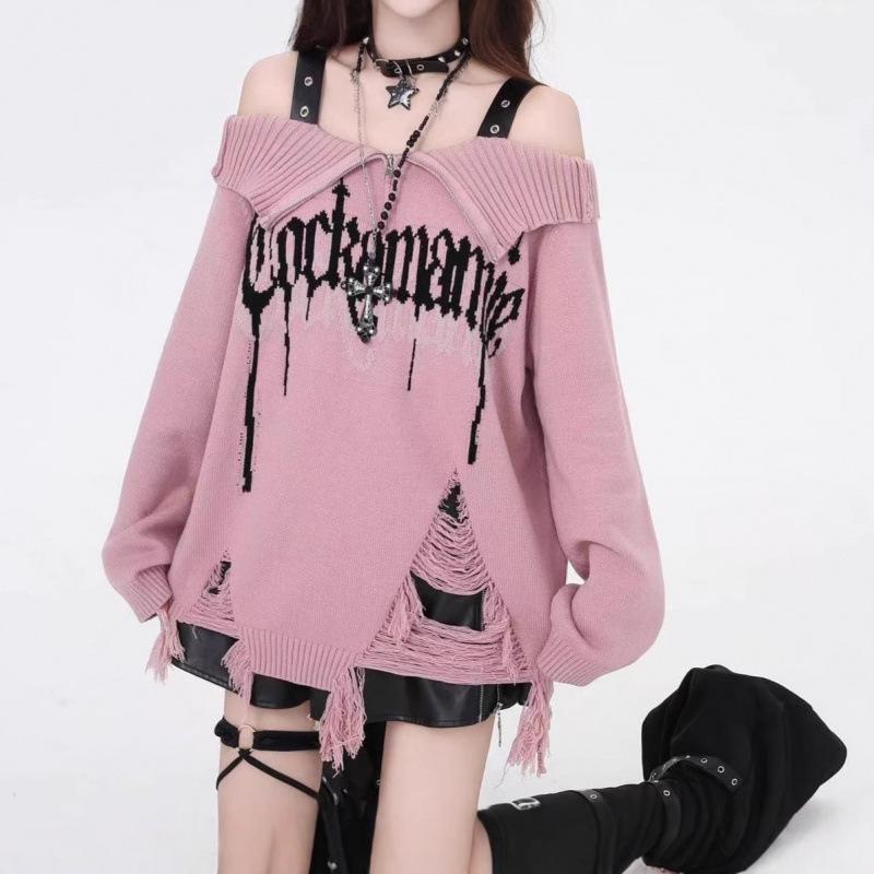 Korean Style Punk Off-Shoulder Ripped Sweater - Women's Autumn/Winter Knitted Top