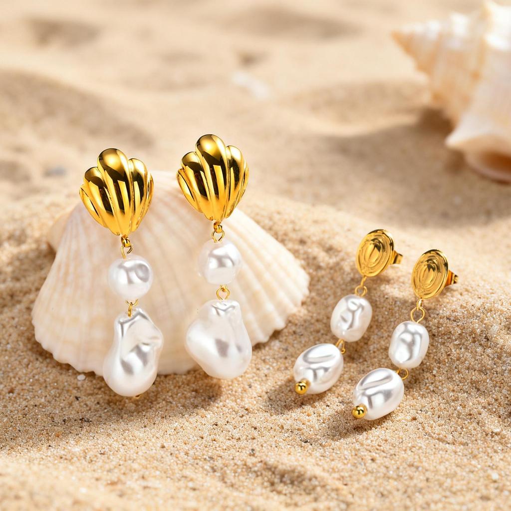 Vnox Stainless Steel Irregular Textured Oval Imitation Pearl Earrings Gold Plated Pearl Dangle Earrings Jewelry Birthday Gift