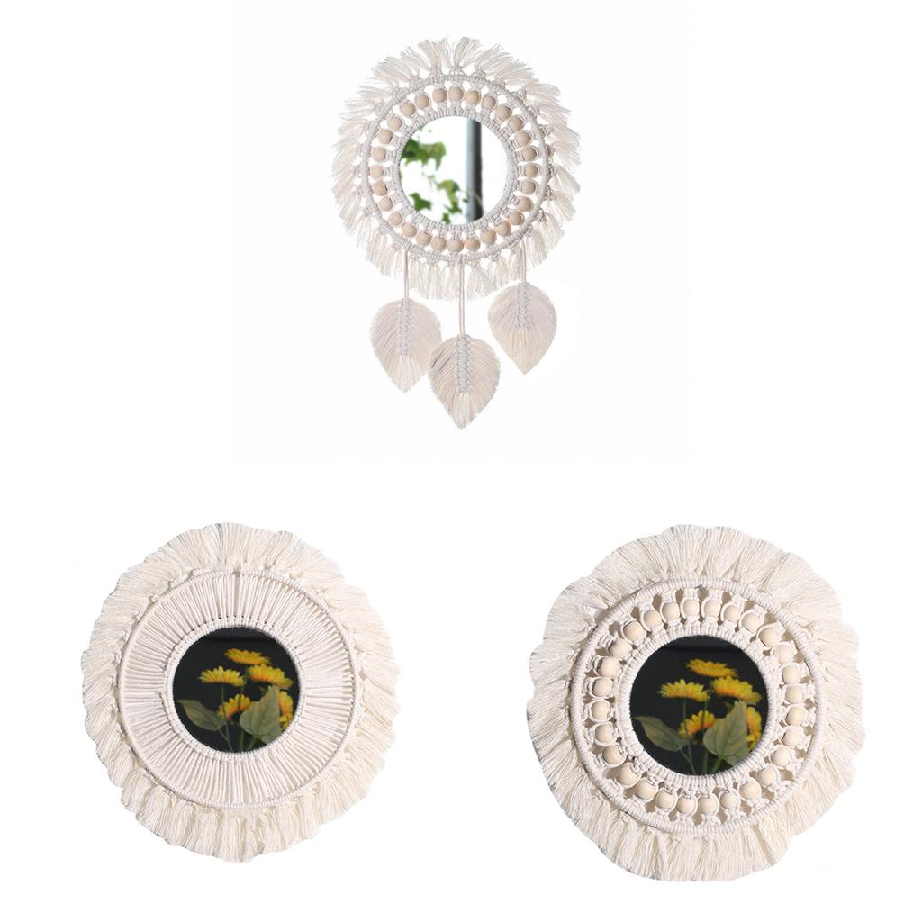 Bohemian Wall Hangings Mirrored with Macrames Woven Fringed Tassels Leaf Pendants Handmade Decorative Makeup Mirrored