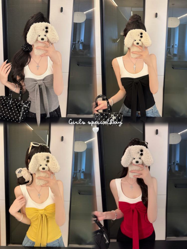 Women's Color-Block Camisole with Chest Pads, Bow Tie Design, for Spring and Summer.