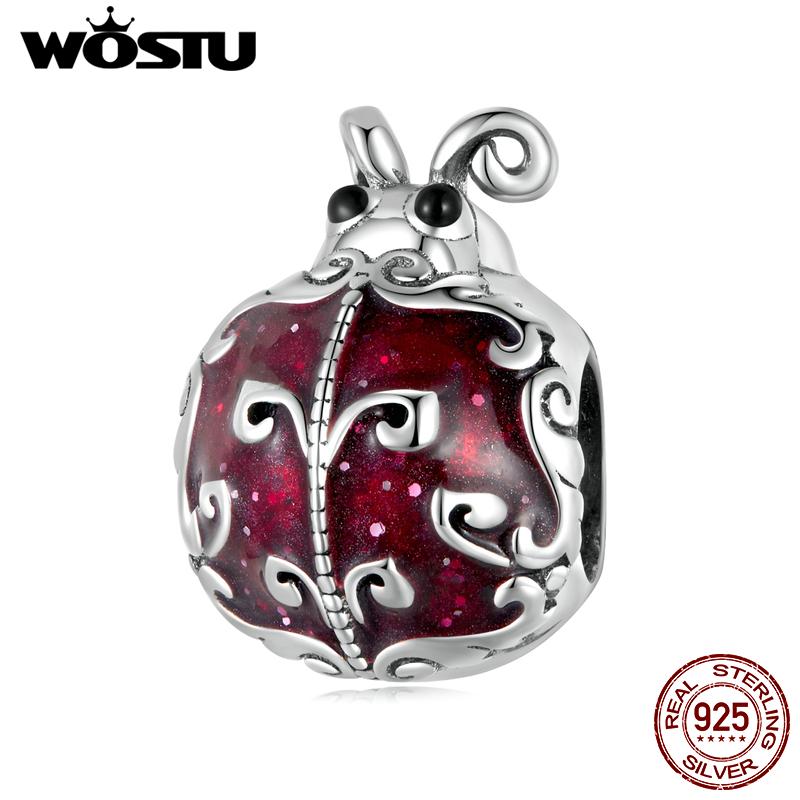 WOSTU Стерлингового серебра 925 пробы, изысканный темно-красный узор, божья коровка, насекомое, подвеска из бисера для оригинального браслета «сделай сам», ювелирное изделие, подарок для девочки