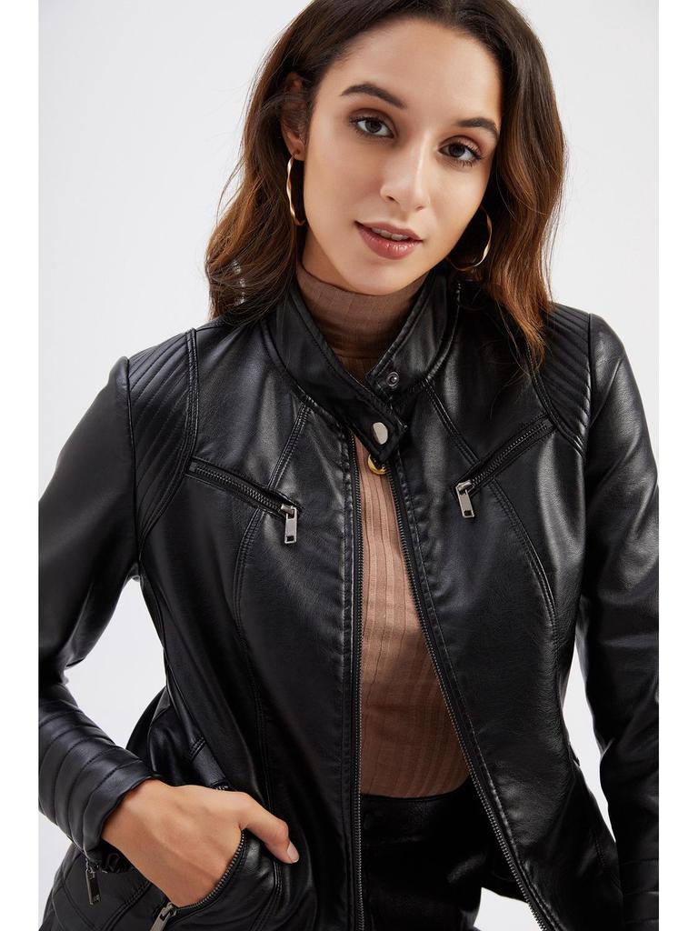 Women's European & American Spring/Autumn Leather Motorcycle Jacket - Stylish Short Design