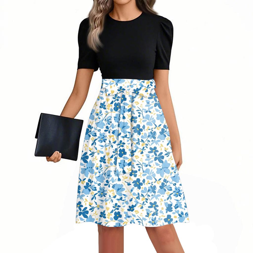 Women's Fashionable Casual Belt Short Sleeved Round Neck Printed Patchwork Dress