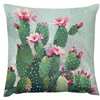 Short Plush Material Pillowcasehome Decor Cactus With Pink Flowers Floral Pattern Cushion Pattern Cushion Cover Suitable For Sof