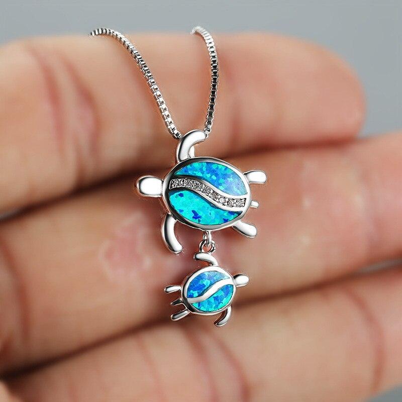 Cute Mom and Baby Turtle Pendants Necklace Blue Opal Stone Animal Necklaces For Women 925 Sterling Silver Chain Wedding Necklace