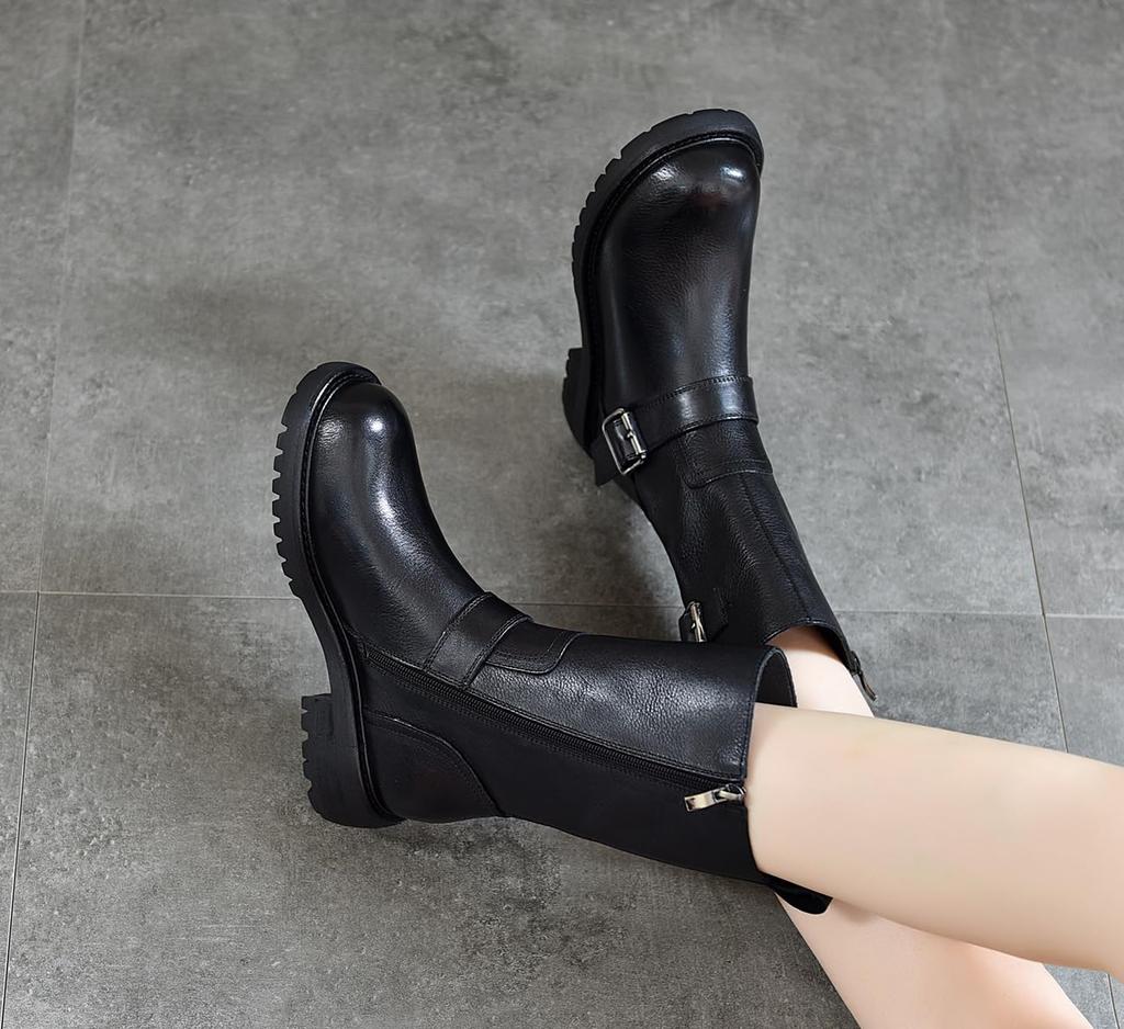Короткие круглые настоящие боковые низкие западные удобные для ходьбы [ZUYEE] женские ботинки, носок, кожа, молния, ремень, каблук, инженерные, полусапоги, ботинки, в, черном,