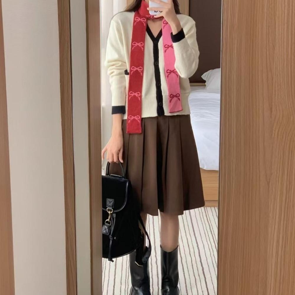 Long Bow Knitted Scarf Color Blocked Narrow Neck Cover Soft Double-sided Scarf Streetwear
