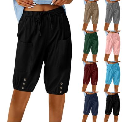 Брюки-капри для женщин, льняные полубрюки с высокой талией, повседневные шорты до колена на шнурке с карманами