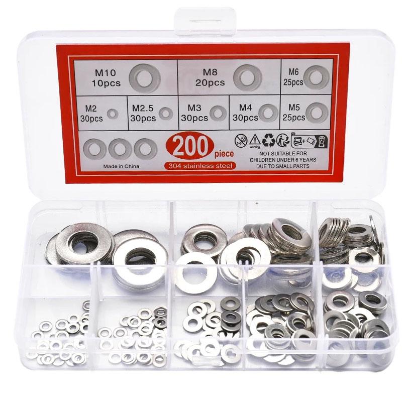 910/200pcs 304 Stainless Steel Flat Washers Assortment Kit (M2 M2.5 M3 M4 M5 M6 M8 M10 M12) Suitable for Home Decoration