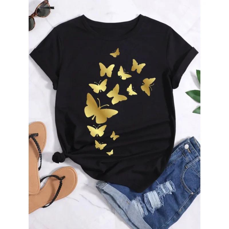 Женская футболка с принтом золотой бабочки, с коротким рукавом, с круглым вырезом, свободная, женская футболка, женская футболка, топы, camisetas mujer