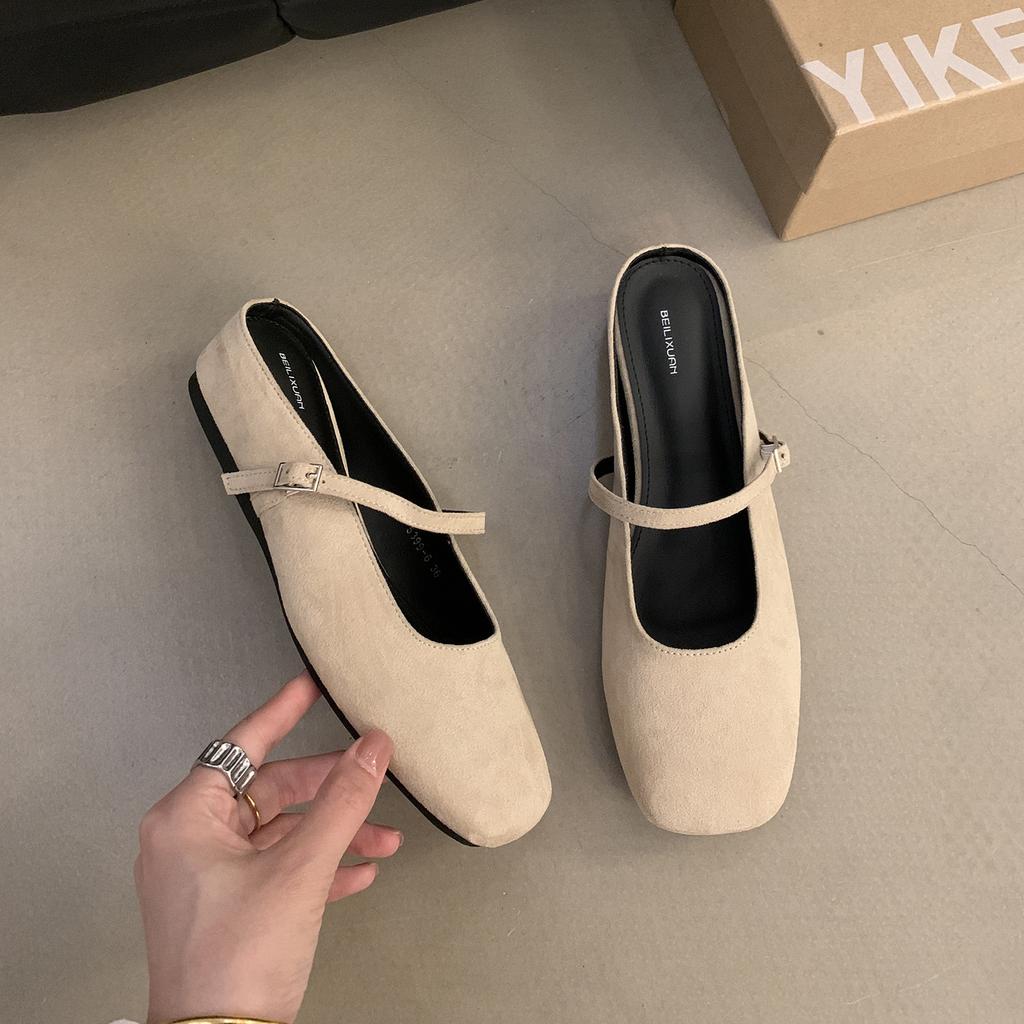 Inner Heightening Bag Head Half Slippers Women Wear 2024 Autumn New French Retro Suede Fairy Style Mary Jane Shoes
