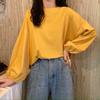 Women T-shirt Round Neck Lantern Long Sleeve Elastic Cuffs Tee Shirt Solid Color Loose Fit Pullover Tops Daily Wear
