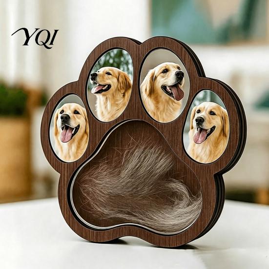 Pet Memorial Desk Decor Wooden Paw?Shaped Picture Frame, Keepsake Photo Frame with Fur Storage Compartment, Loss Remembrance Tabletop Ornament