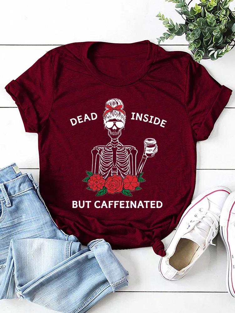 DEAD INSIDE Skeleton Print Женская футболка с коротким рукавом и круглым вырезом Свободная женская футболка Женская футболка Топы Camisetas Mujer