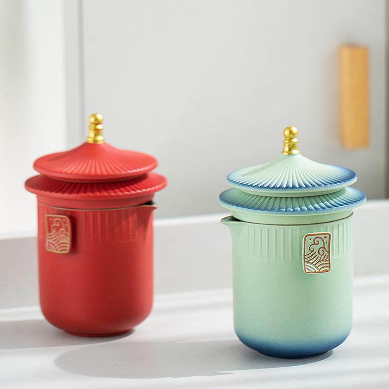 Court style coarse pottery gradual change glaze travel tea set small set one pot three cups portable company creative souvenir