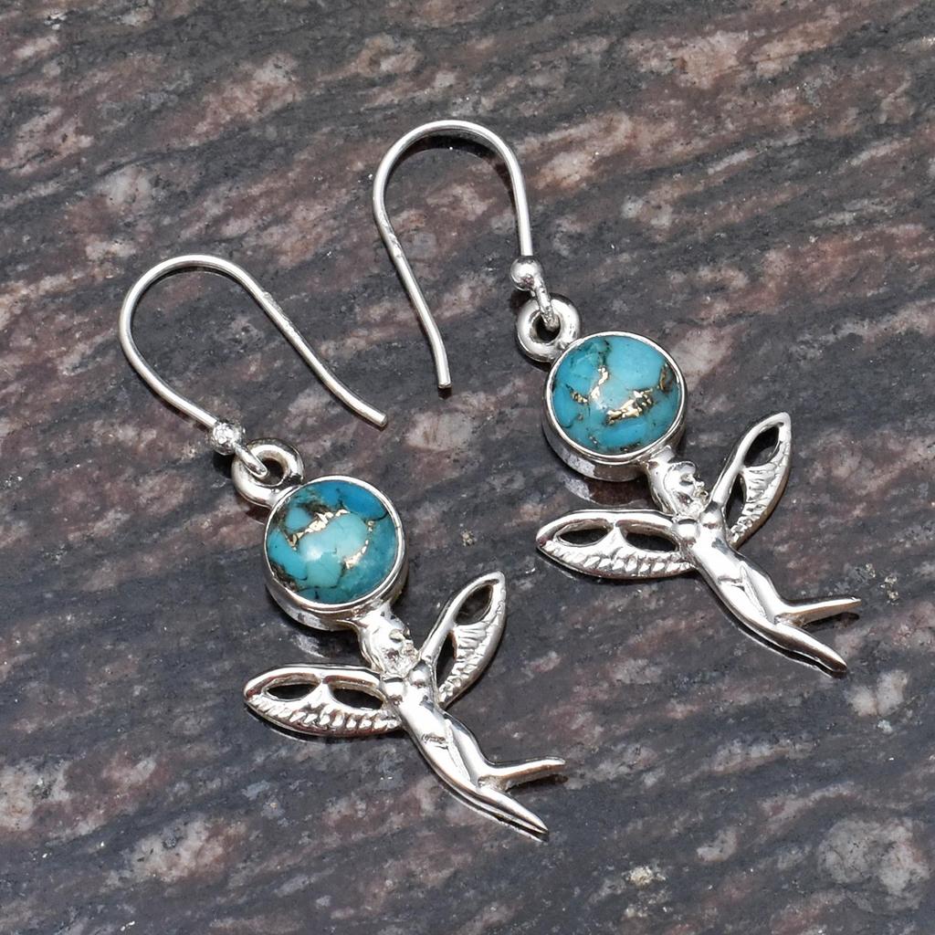 Натуральный синий бирюзовый драгоценный камень 925 пробы Серебряные серьги ручной работы с углом падения для женщин и девочек