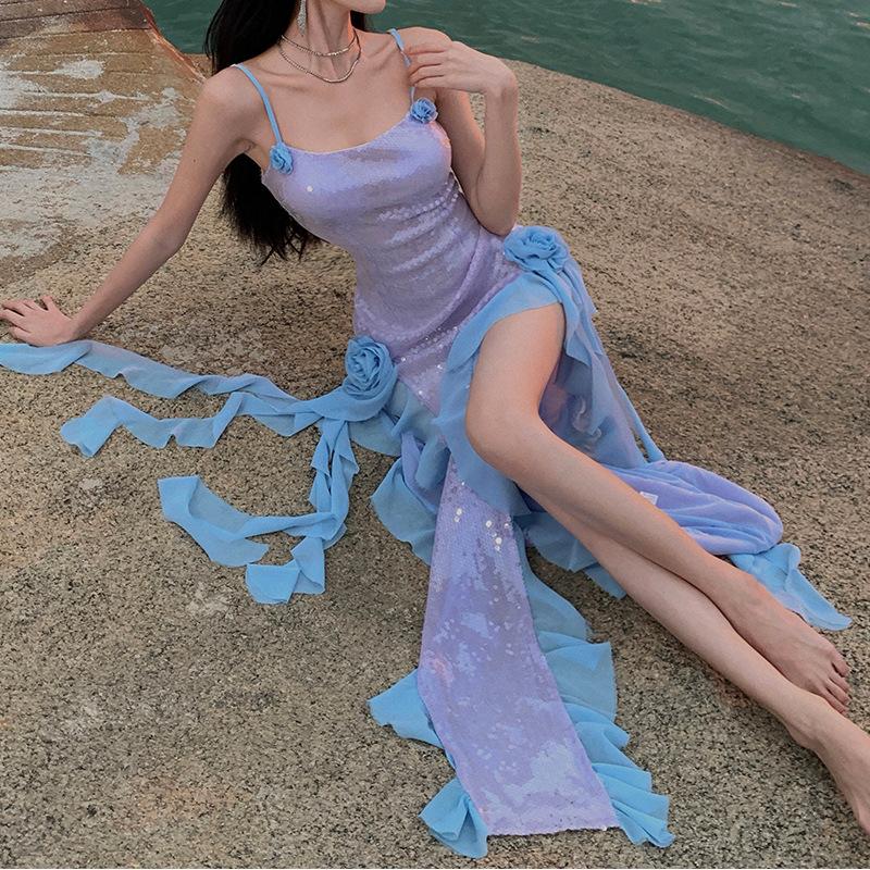 Sexy Split Sequin Suspender Dress Light Luxury High-end Birthday Party Dress Seaside Vacation Dress