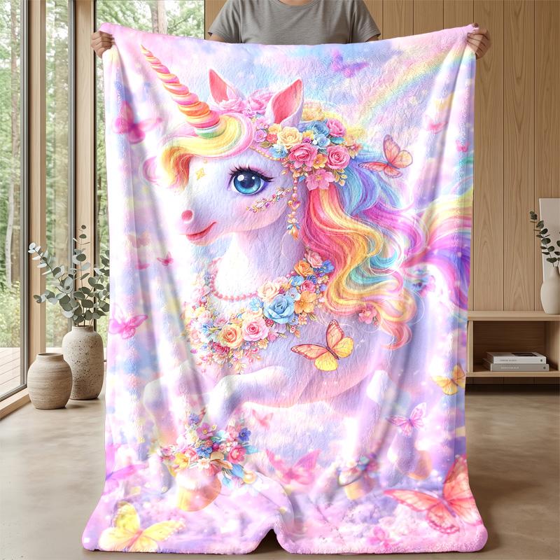 Rainbow Butterfly and Flowers Theme blanket Lightweight Warm Flannel Blanket Decorative Throw Blanket for Home Decoration