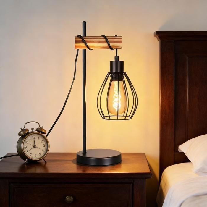 Lampe à poser vintage en bois et métal noir NETTLIFE, style industriel rétro, culot E27, hauteur 46 cm, lampe de chevet ou bureau