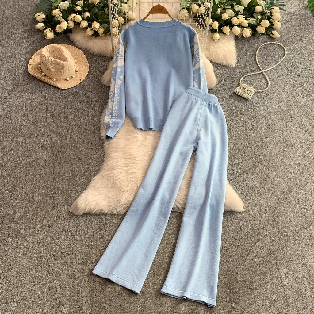 Autumn Winter Women Vintage Print Knitted Sweater Trouser Two Piece Set Full Sleeve Cardigan Tops and Drawstring Wide Leg Pant Suit