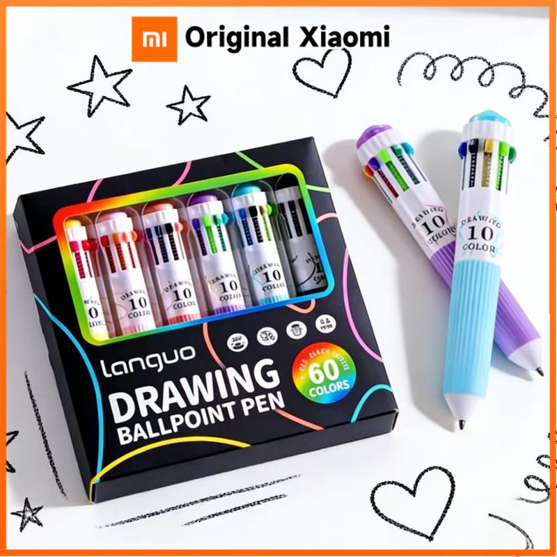 Xiaomi 1/6 Pack Multicolor Pens, 10-60 Colors,10-in-1 Colored Ballpoint Pen,0.8mm Writing,Retractable Ballpoint Pens office accessories