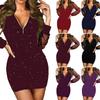 Women Dress Zipper V Neck See-through Mesh Patchwork Long Sleeve Sheath Slim Fit High Waist Shiny Sequin Lady Fall Spring Mini D