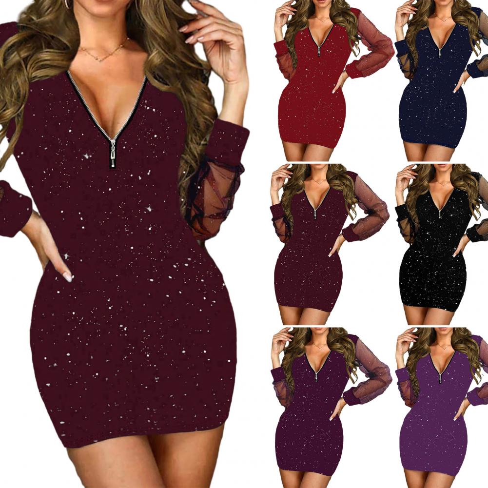 Women Dress Zipper V Neck See-through Mesh Patchwork Long Sleeve Sheath Slim Fit High Waist Shiny Sequin Lady Fall Spring Mini D