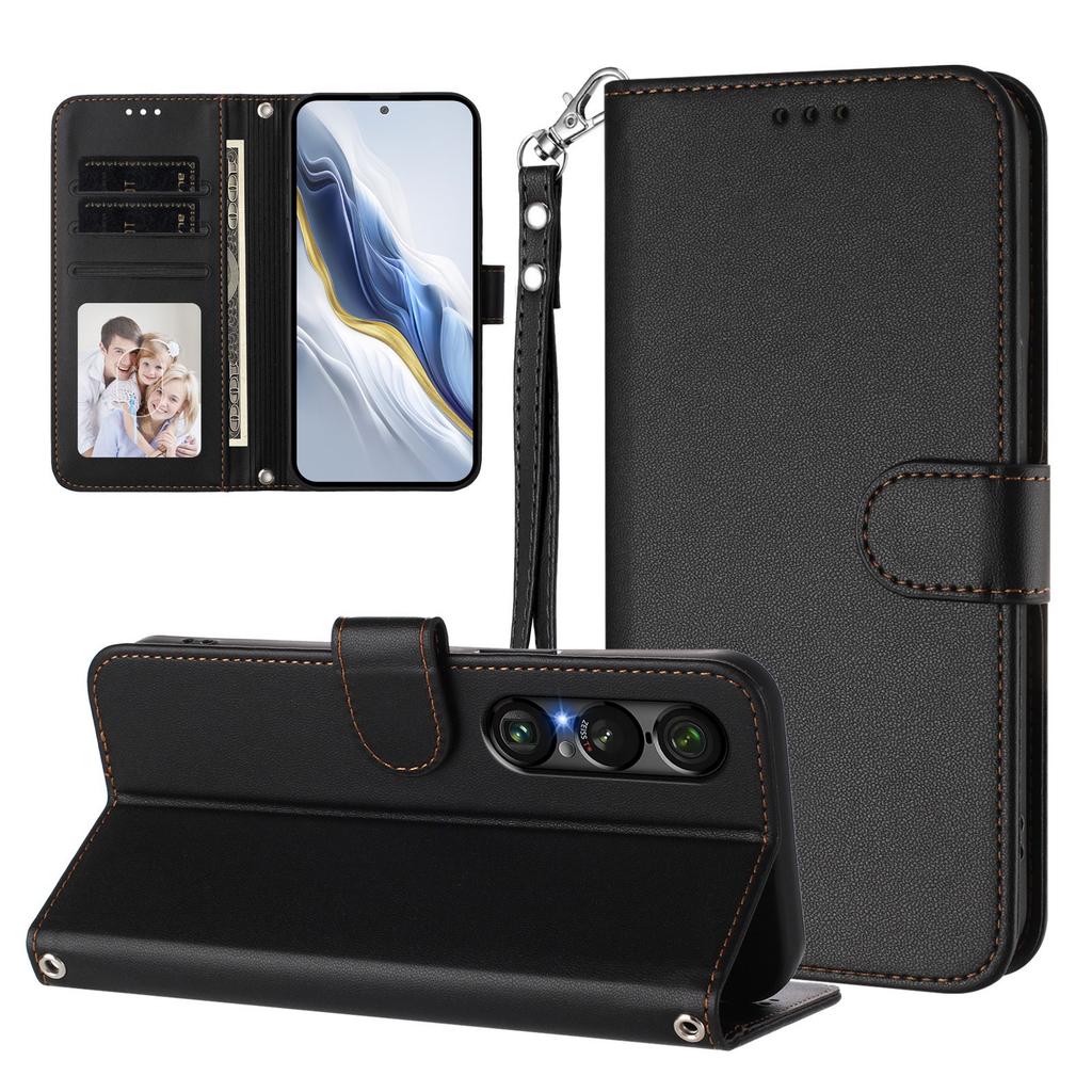 For Sony Xperia 1 VII Leather Case Wallet Stand Phone Cover with Wrist Strap