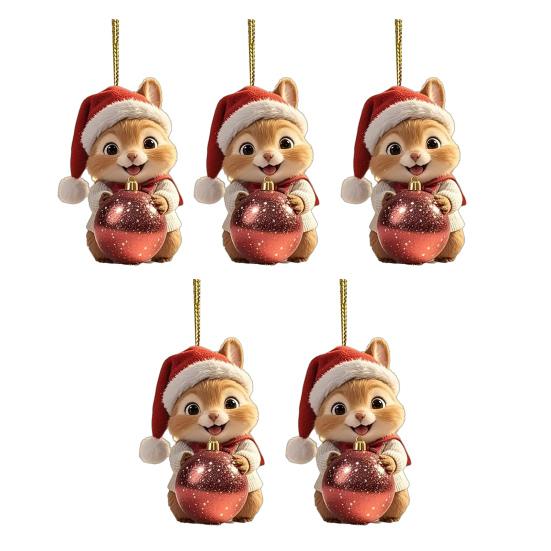 Acrylic Squirrel Ornament with Santa Hat 2D Christmas Tree Decoration Festive Hanging Decor for Car Home