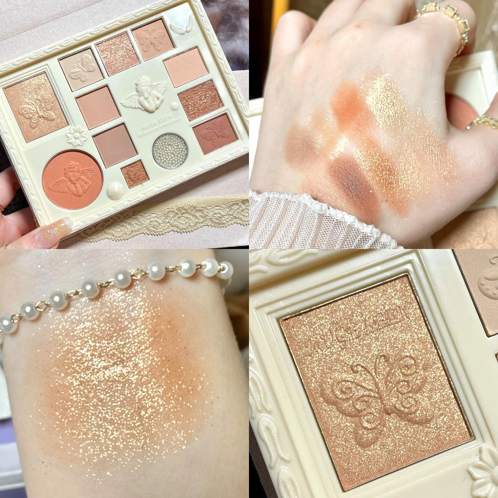 Палетка теней для век Nude Cosmetics 12 цветов с матовым, сияющим и глиттерным финишем, включает румяна и зеркало