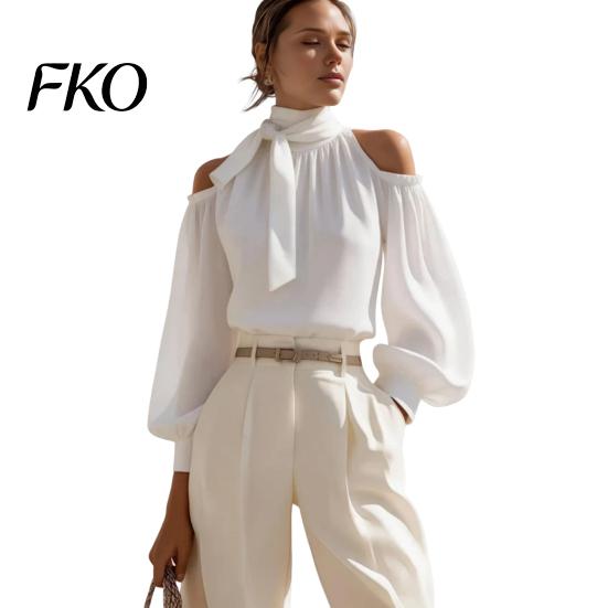 Cold Shoulder Blouse Summer Women Solid Color Shirt, Lantern Sleeves Breathable Shirt Blouse, Casual Loose Fit High Collar Ruffle Top