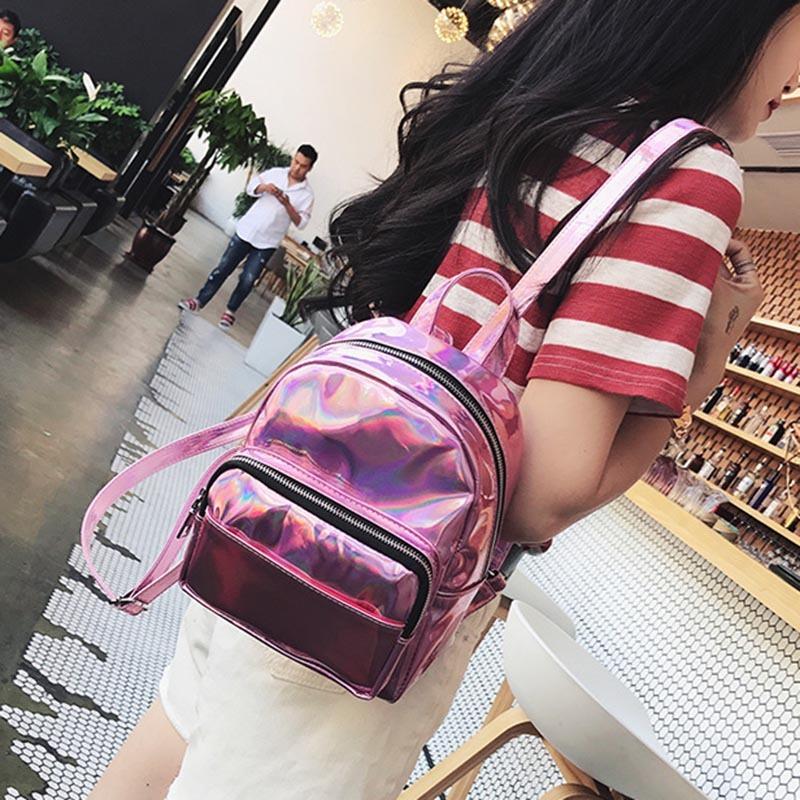 SCIONE Hologram Laser Bag Silver Backpacks Women Fashion Leather Teenage Girls Shoulder School Bag