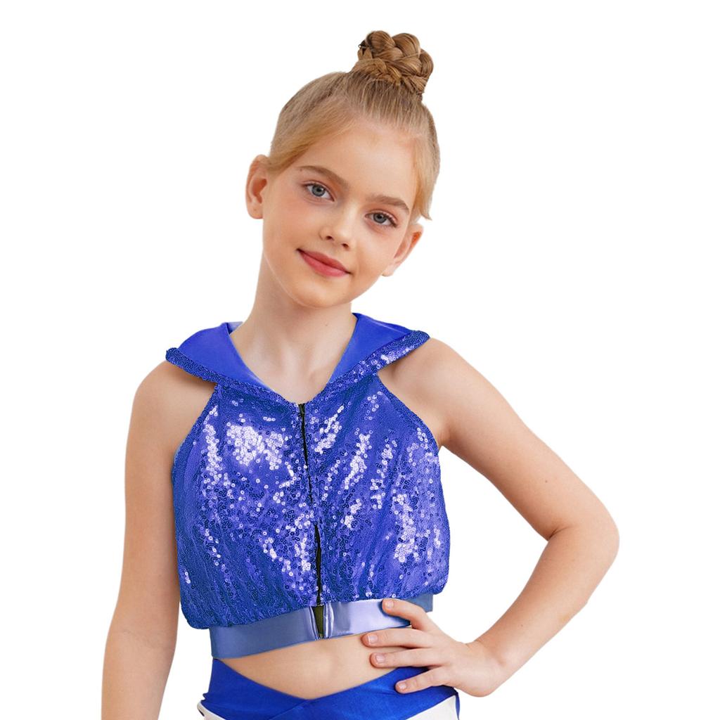Sleeveless Backless Hooded Crop Top for Girls: Front Zipper Sparkling Sequins Dancewear for Hip-Hop Jazz Performance