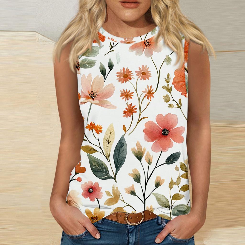 Women's Casual Round Neck Printed Sleeveless Vest Tops Vest
