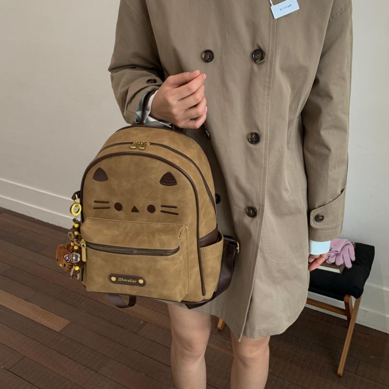 Schoolbag Korean version retro large-capacity backpack niche design cute kitten student schoolbag versatile popular commuter backpack