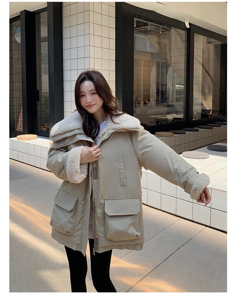 Большие лацканы Парки из утолщенной рабочей ткани с меховой подкладкой Женская куртка