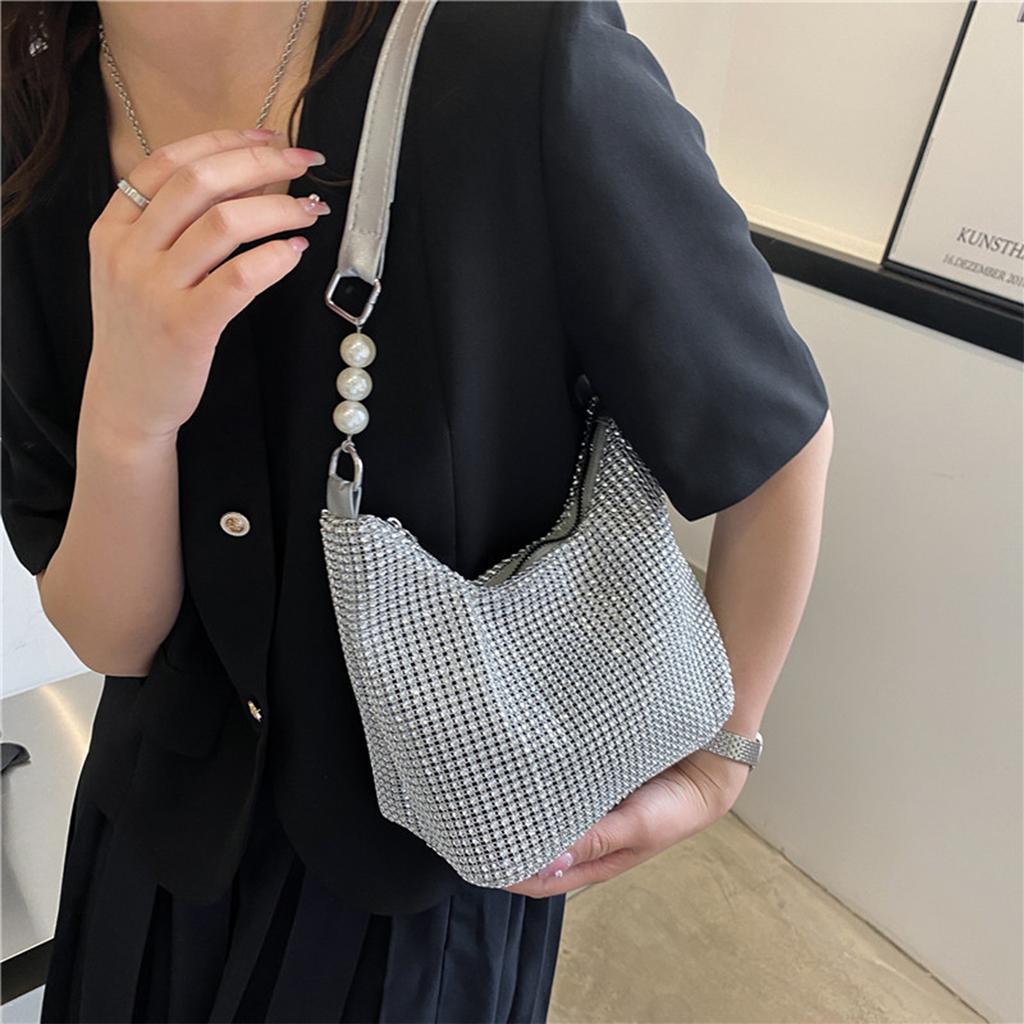 Гламурная вечерняя сумка через плечо для женщин, блестящая, со стразами, ПВХ, мягкая отделка, жемчужный ремешок, молния для вечеринок, гала-мероприятий, дамская сумочка