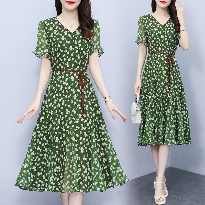 Новое летнее темпераментное женское платье с v-образным вырезом в западном стиле и цветочным принтом, 2024, мясное и тонкое модное шифоновое платье для женщин