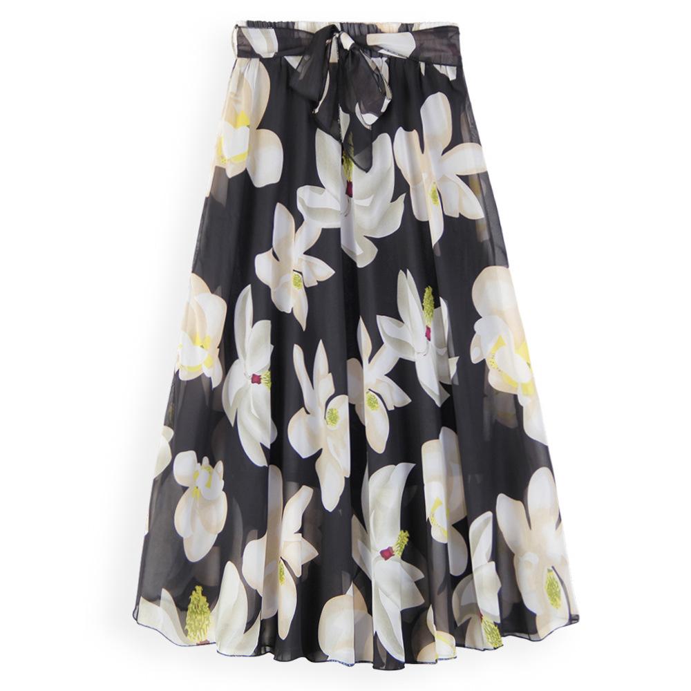 Plus Size Print Floral Skirt Women Summer Loose Elastic High Waist Chiffon Midi Skirts Lace Up Bow L-5XL Swing Jupe Femme