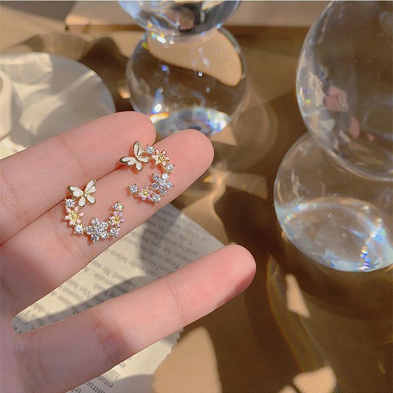 New Exquisite S925 Silver Needle Flower Butterfly Small Fresh Daily Literary Jewelry Birthday Party Lady Temperament Earrings