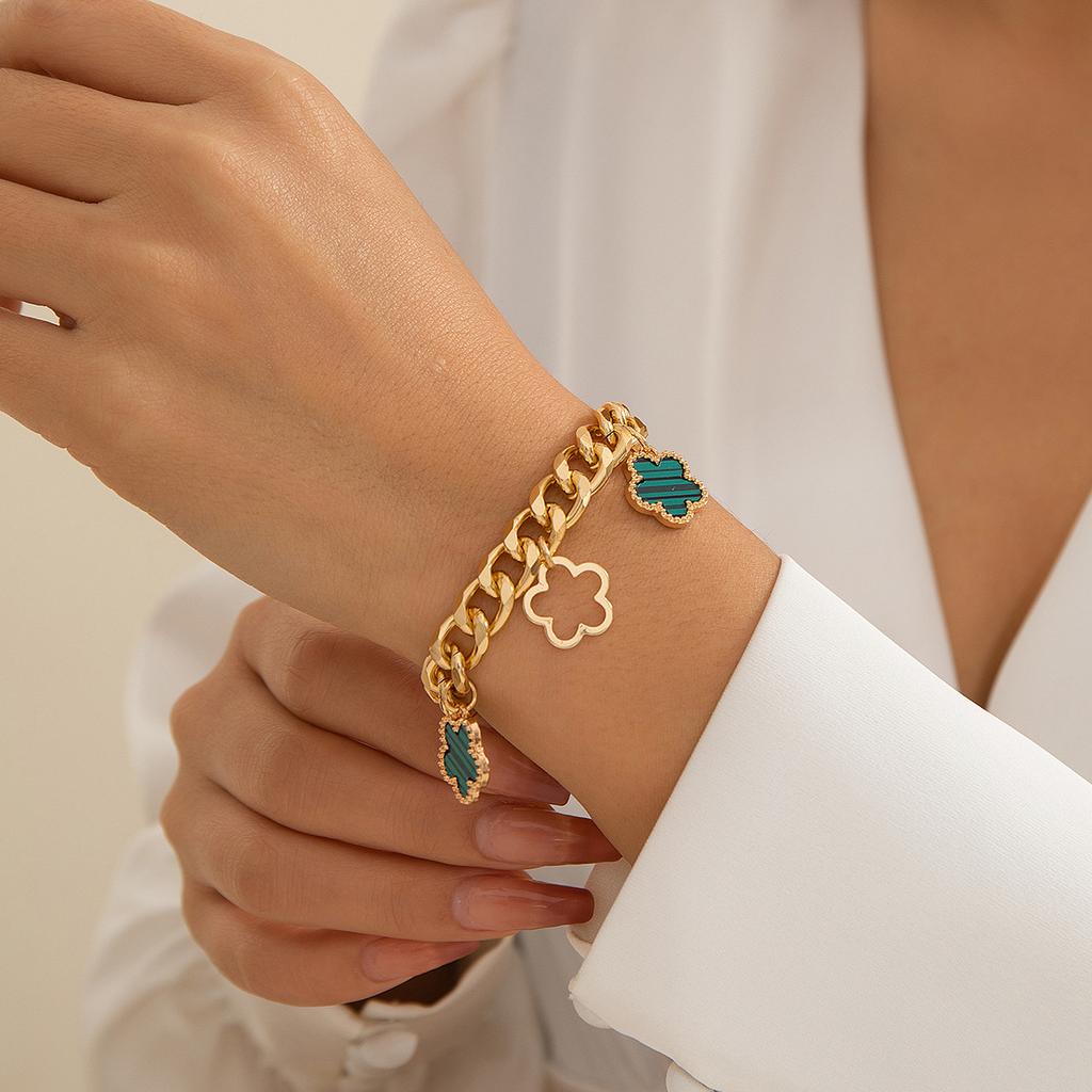 Fashion Colored Five-leaf Clover Flower Tassel Pendant Geometric Metal Stainless Steel Chain Necklace Bracelet for Women Jewelry