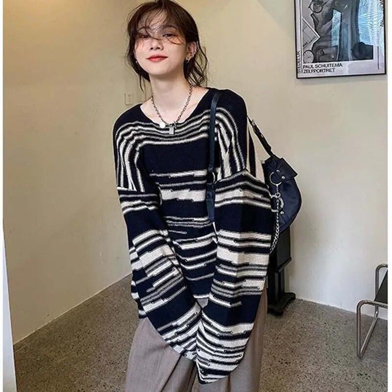 Полосатый вязаный свитер, женский винтажный свободный пуловер, полосатый топ с круглым вырезом и длинными рукавами, уличный трикотаж, Sueter Mujer, джемпер, весна-осень