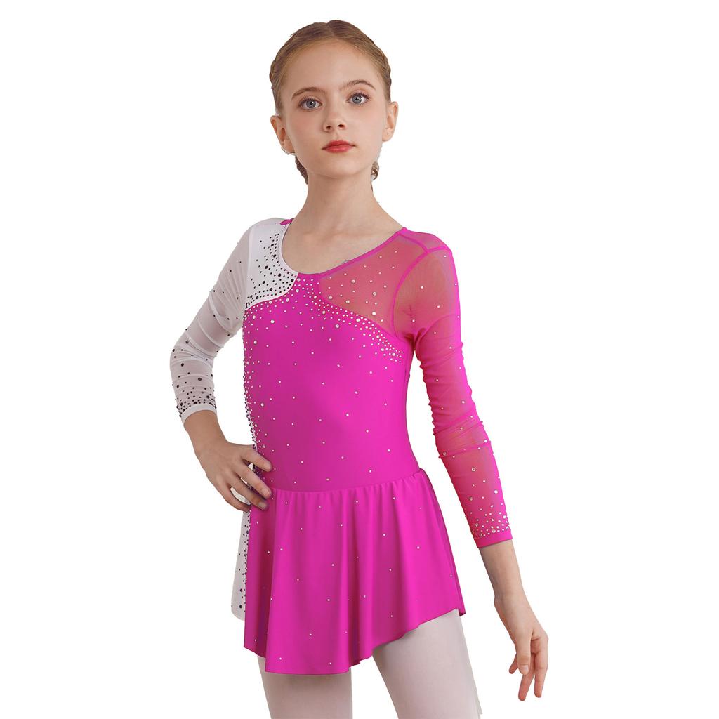 Kids Girls Stylish Dance Wear Long Sleeve Rhinestone Decor Contrast Color Skating Dresses