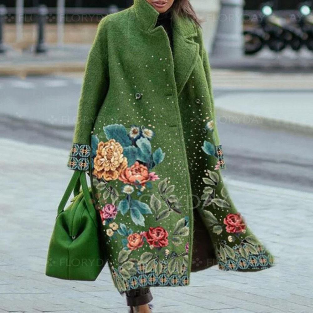 Europe And The United States Fall Women's Long-sleeved Lapel Coat Printed Tweed Long Coat