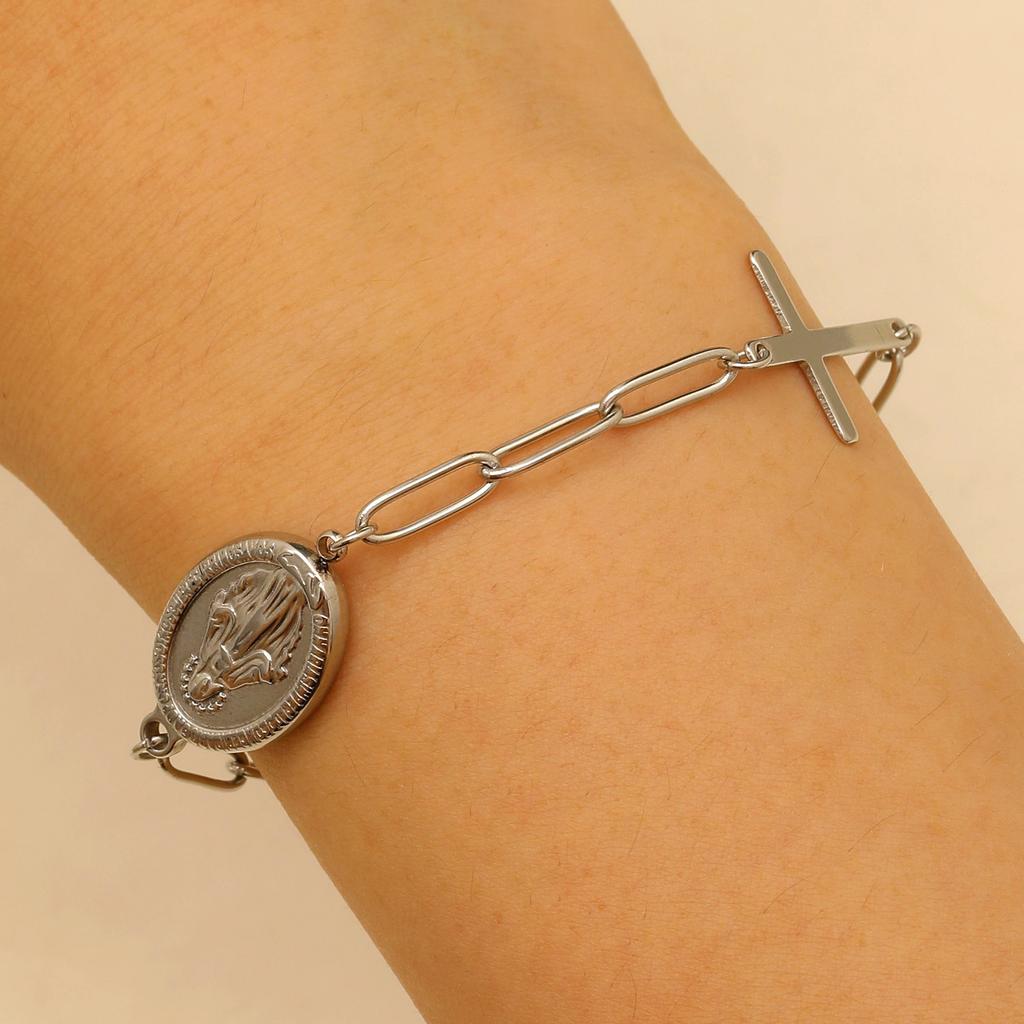 Женский кулон Дева Мария с крестом овальный из нержавеющей стали, цепочка из бусин, женский браслет оптом