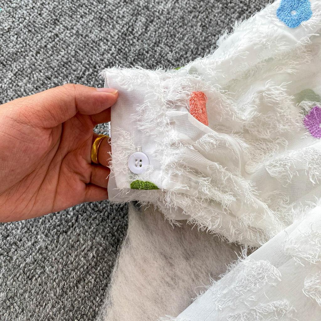 Премиальная рубашка с лацканами и рукавами-фонариками, украшенная бриллиантовыми пайетками в виде цветов, женская летняя милая, омолаживающая, свободная, с бахромой