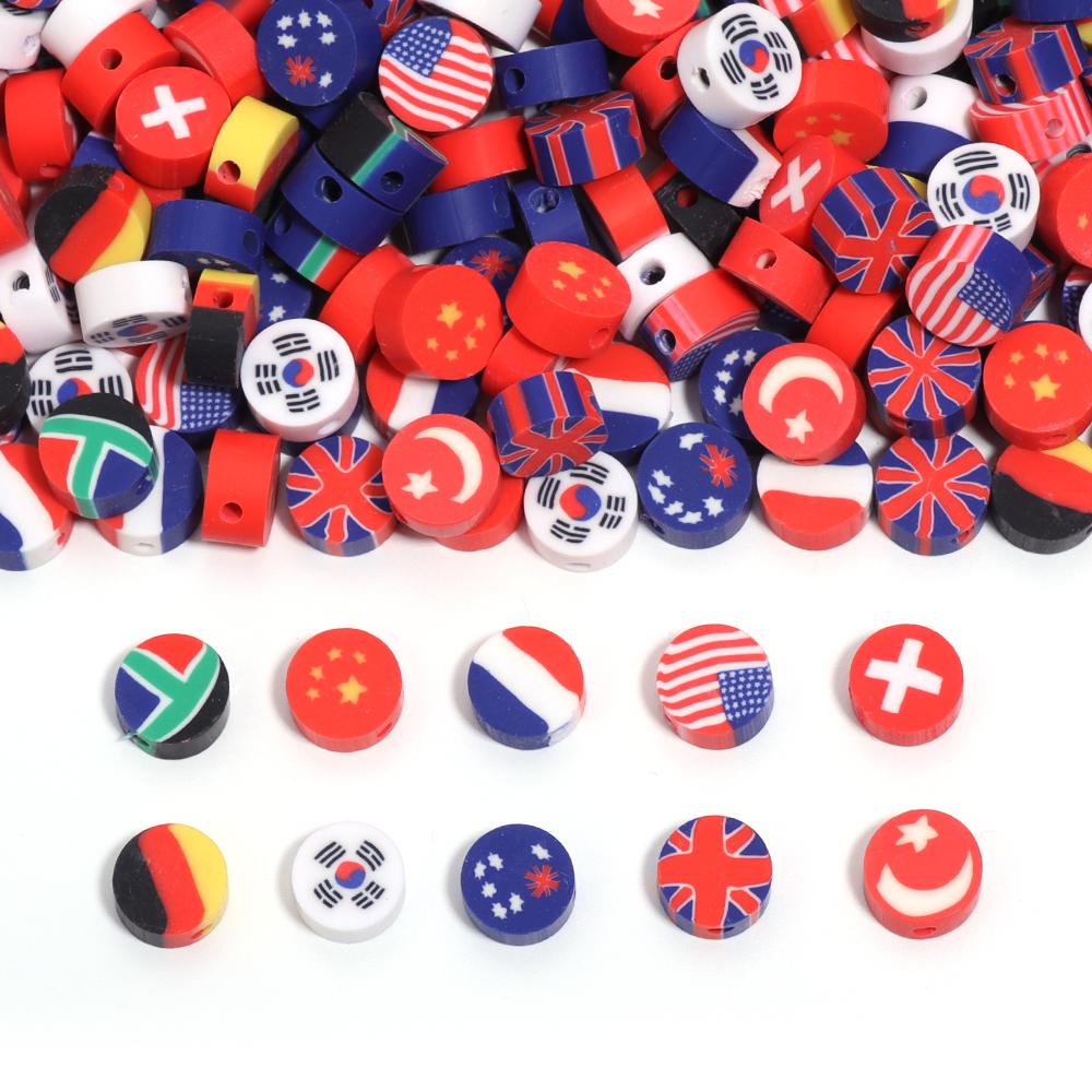 50Pcs 9mm Polymer Clay Flat Round Beads National Flag Loose Spacer Beads For DIY Handmade Bracelets Earrings Making Accessories