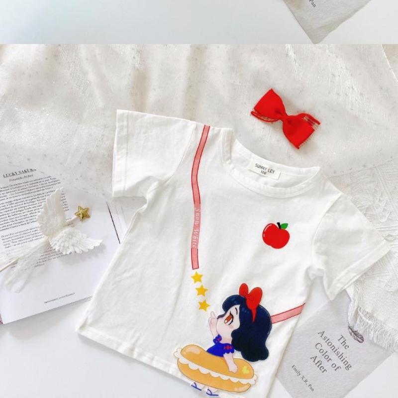 Девочки Цветная Футболка Принцесса Лето Детская Милая Мультяшный Принт Повседневная Свободная Дышащая Футболка с Коротким Рукавом и Круглым Вырезом