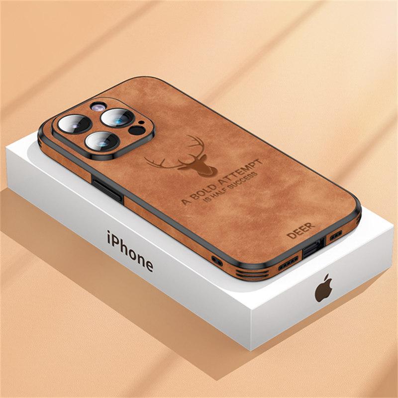 Роскошный чехол для телефона из кожи оленя для iPhone 15 14 13 12 11Pro Max XS XR XS Max 7 8Plus, стеклянный бампер с объективом, противоударный силиконовый чехол